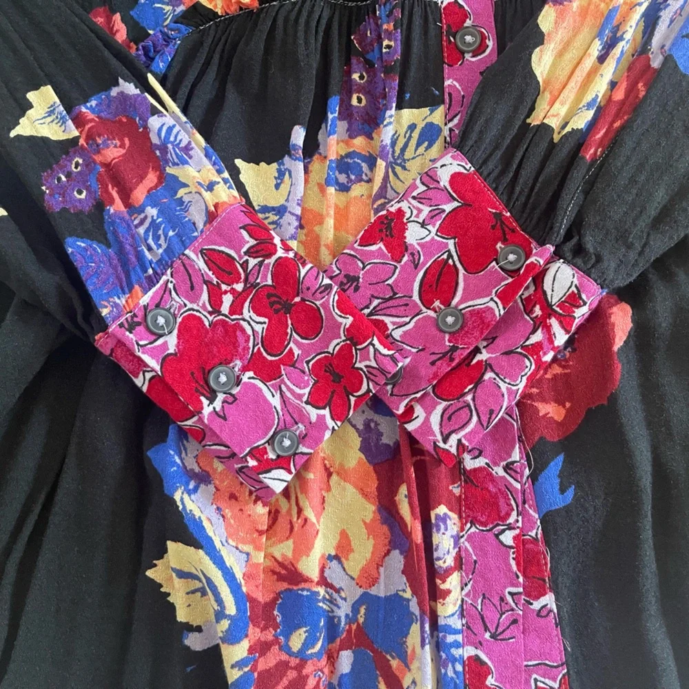 Free People Colorful Floral Long Sleeve Button-Up Dress or Oversized Blouse - Picture 6 of 8